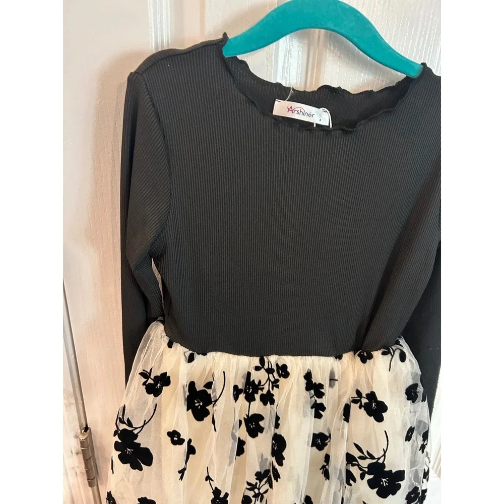 Arshiner Dress Black Ribbed Long Sleeve Floral Tulle Skirt Party Kids Size 6